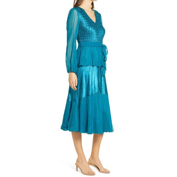 🆕KOMAROV Long Sleeve Crinkle Midi Dress Peacock (Teal Aqua Blue) Large (10-12) - Picture 2 of 12